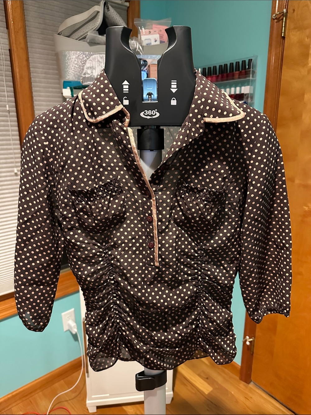 100% Silk Sheer INC International Concepts Brown Polka Dot Ruched Blouse